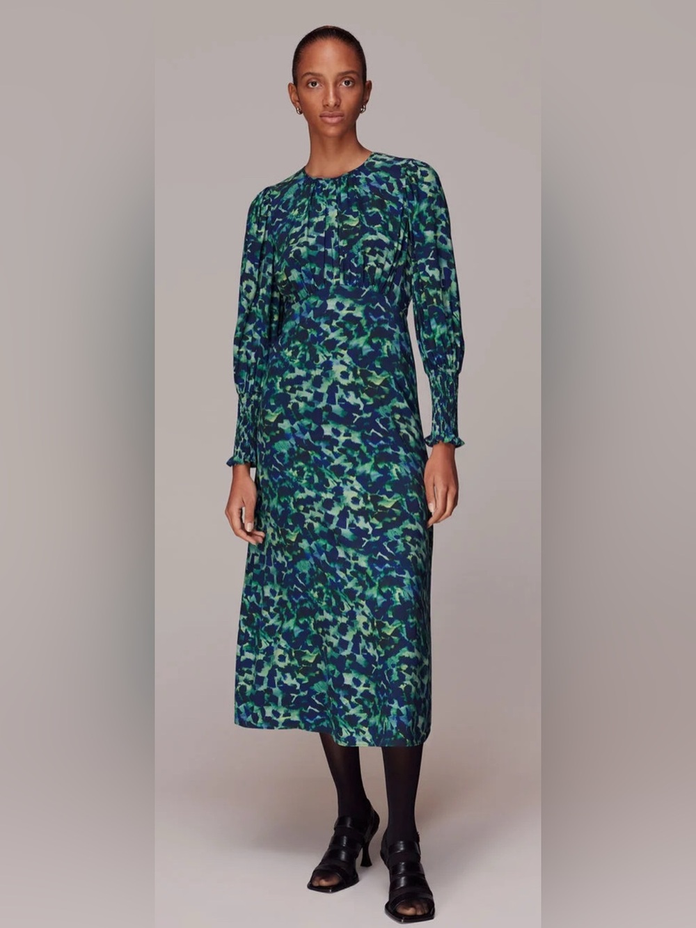 Whistles Green and Blue Abstract Print Long Sleeve Midi Dress